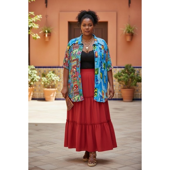 BOP Tops - BOP Button Shirt 2X Blue Multi Caribbean Novelty Print Art to Wear Rayon Top